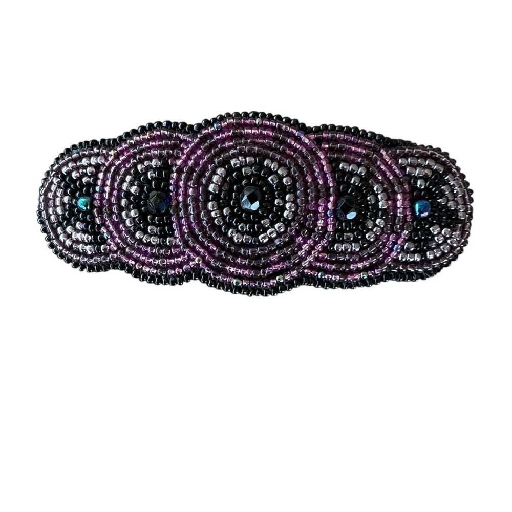 Vintage Seed Beaded Overlapping Circle Hair Clip Purple Black Taiwan 4”